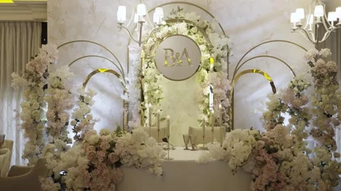 Wedding Table Decorated with Flowers and Candles Video stock 300476225
