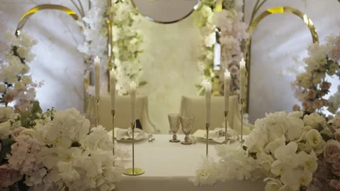Wedding Table Decorated with Flowers and Candles Stock Footage 300476283