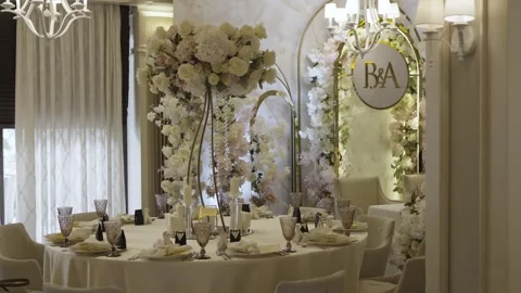 Wedding Table Decorated with Flowers and Candles Stock Footage 300476475