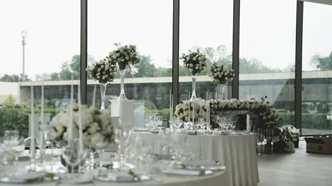 Wedding Table Decorated with Flowers and Candles Stock Footage 300487713