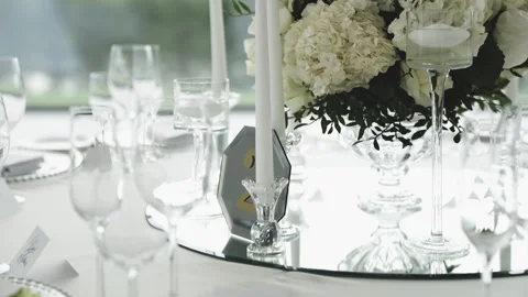 Wedding Table Decorated with Flowers and Candles Stock Footage 300487768