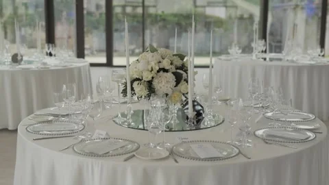 Wedding Table Decorated with Flowers and Candles Stock Footage 300488446