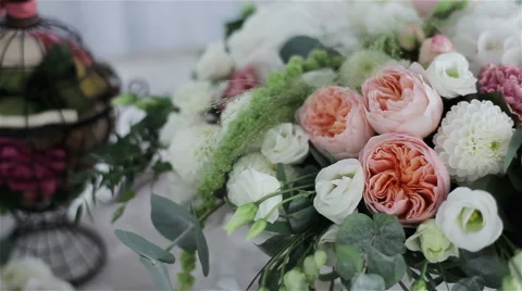 A wedding table decorated with flowers. Close-up Stock Footage 49077871