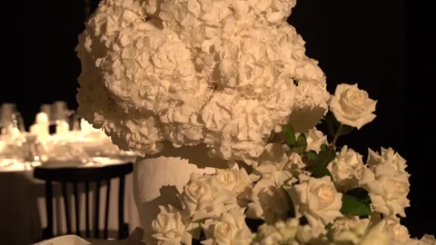Wedding table decoration. Beautiful white roses close-up. Stock Footage 342993550