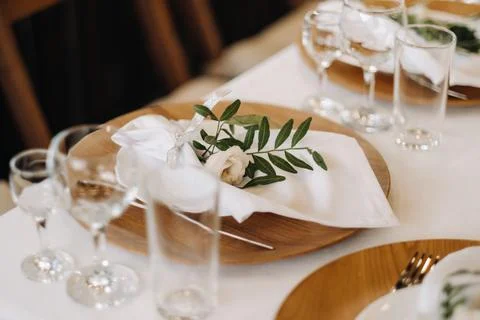 Wedding table decoration with flowers on the table in the castle, table decor Fotos Stock