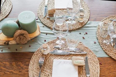 Wedding table decoration. Wedding rustic style. with candles Stock Photos