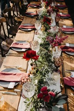 Wedding table decorations in a red vintage style Stock Photos