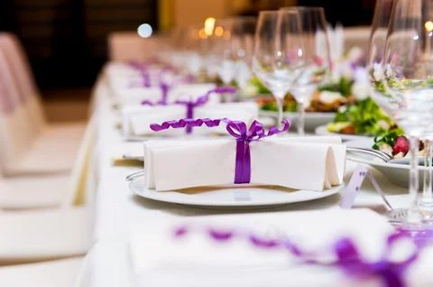 Wedding table decorations. white and purple colors Stock Photos
