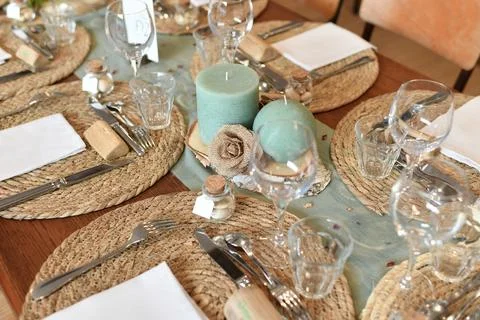 Wedding table decoration.Wedding rustic style. with candles Stock Photos