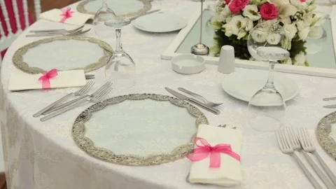 Wedding table dinner bride white happy day reception cinematic Stock Footage 134353287