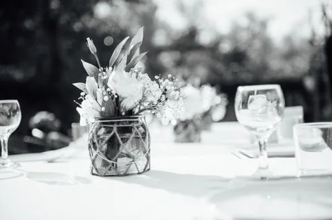 Wedding table for dinner with decorations Stock Photos