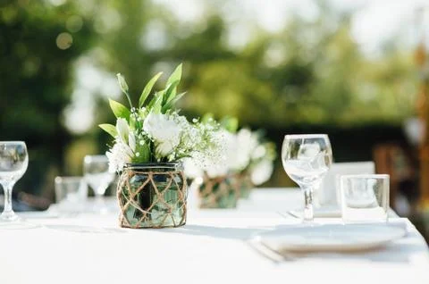 Wedding table for dinner with decorations Stock Photos