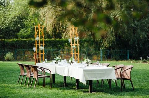Wedding table for dinner with decorations Stock Photos
