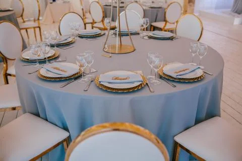 Wedding table with dishes for guests Stock Photos