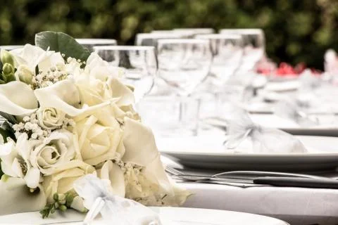 Wedding table with flower in front Stock Photos