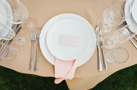 Wedding table for guests in the forest Stock Photos