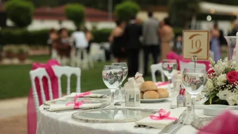Wedding table married reception hotel table setting Stock Footage 135933330