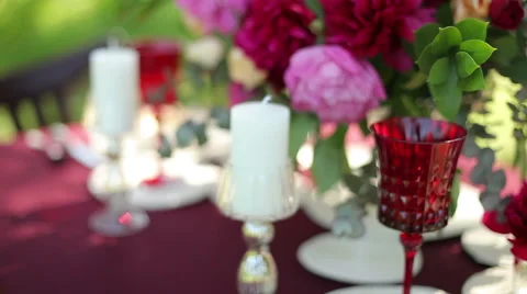 Wedding table natural decor with candles, close-up. Video stock 50975349