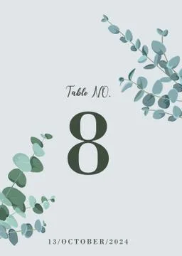 Wedding table number card with eucalyptus leaves. Rustic style with place for Illustrazione stock