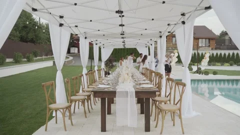 Wedding table outdoors under bright sun on resort. Stock Footage 170422684