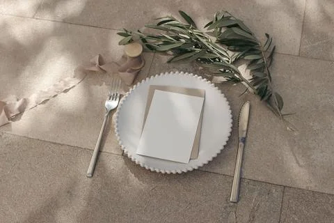 Wedding table place setting. Place card, invitation and envelope on porcelain 写真素材