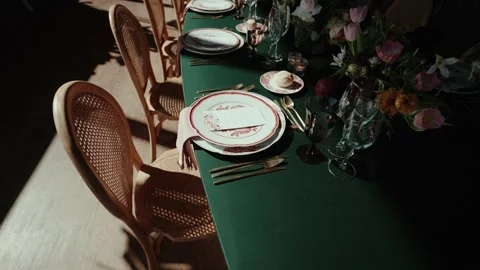 Wedding table place setting with plates cutlery and chairs Stock Footage 333106538