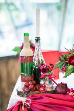 Wedding table set for fine dining or another catered event in red colors 写真素材