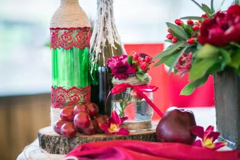 Wedding table set for fine dining or another catered event in red colors 스톡 사진