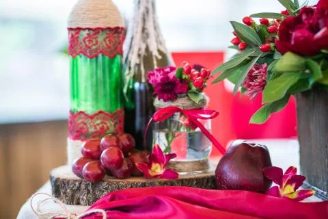 Wedding table set for fine dining or another catered event in red colors 写真素材