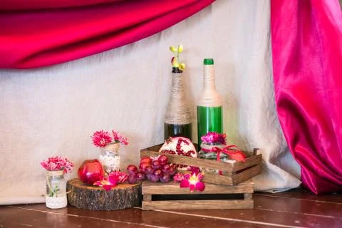 Wedding table set for fine dining or another catered event in red colors Stock Photos