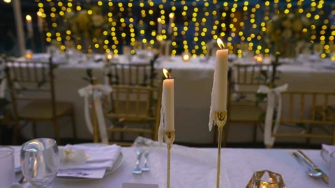 Wedding table setting candles,champagne at nights. Stock Footage 156399694