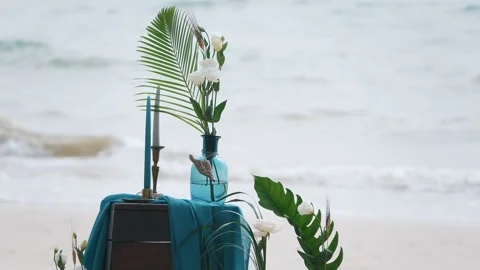 Wedding table setting decoration for tropic island.  Stock Footage 156553055