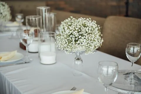 Wedding table setting for guests in a restaurant Stock Photos