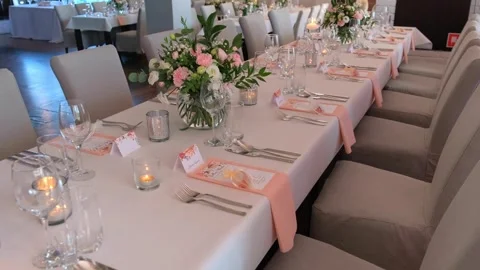 Wedding Table Setting Preparing in Banquet Hall Warsaw Poland Stock Footage 342129547
