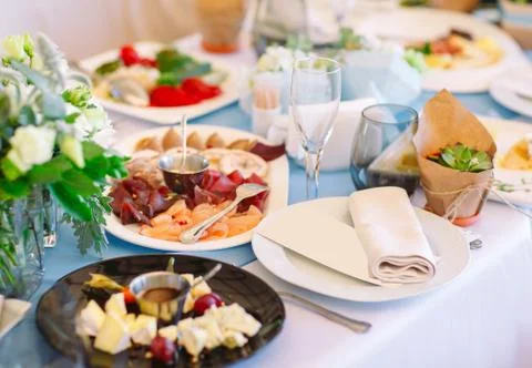 Wedding Table setting in the restaurant. Wed banquet. Stock Photos