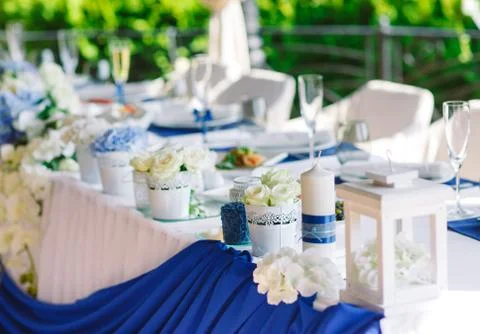 Wedding Table setting in the restaurant. Wed banquet. Stock Photos
