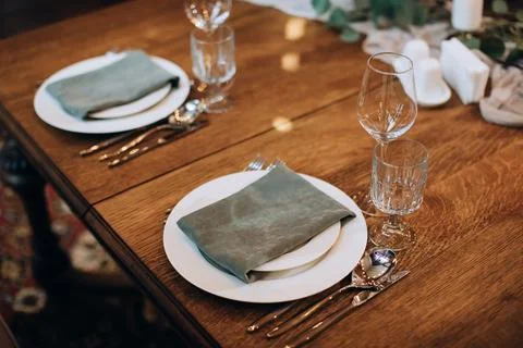 Wedding table setting rustic style. Wedding table decoration. Stock Photos