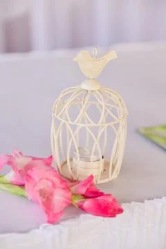 Wedding table setting sprig of lilac with a sign for the guest's name Stock Photos