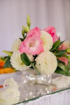 Wedding table setting sprig of lilac with a sign for the guest's name Stock Photos