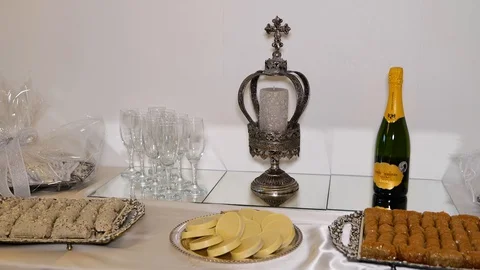 Wedding table with sweet and flowers Stock Footage 129315584