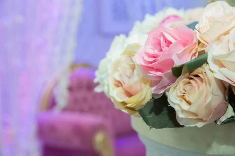 Wedding table, wedding decorations . Large vase with beautiful roses stands on Stock Photos