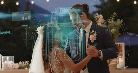 Wedding tech overlay scanning and functioning over couple tracking dance steps Stock Footage 320415585