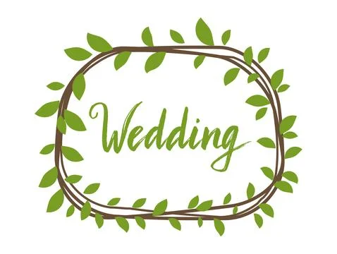 Wedding text surrounded by a circular green leafy branch. Elegant natural design Illustrazione stock