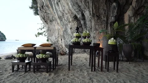 Wedding Thai ceremony table setting for ceremony. Stock Footage 156339546