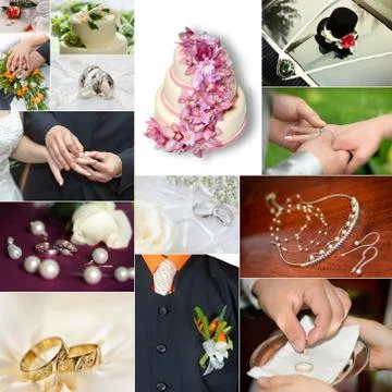 Wedding theme collage composed of different images Stock Illustration