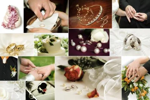 Wedding theme collage composed of different images Stock Photos