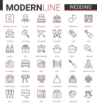 Wedding thin red black line icon vector illustration set for wedding ceremony Stock Illustration