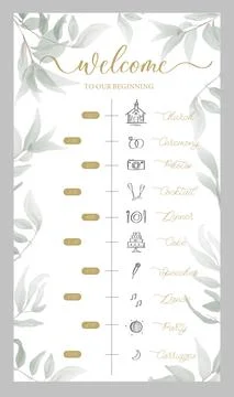 Wedding Timeline menu on wedding day with green watercolor botanical leaves.  Stock Illustration