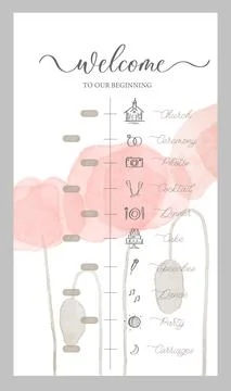 Wedding Timeline menu on wedding day with red watercolor poppy. Abstract flor Illustrazione stock