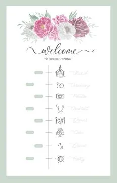 Wedding Timeline menu on wedding day with watercolor flower. Abstract floral  Stock Illustration